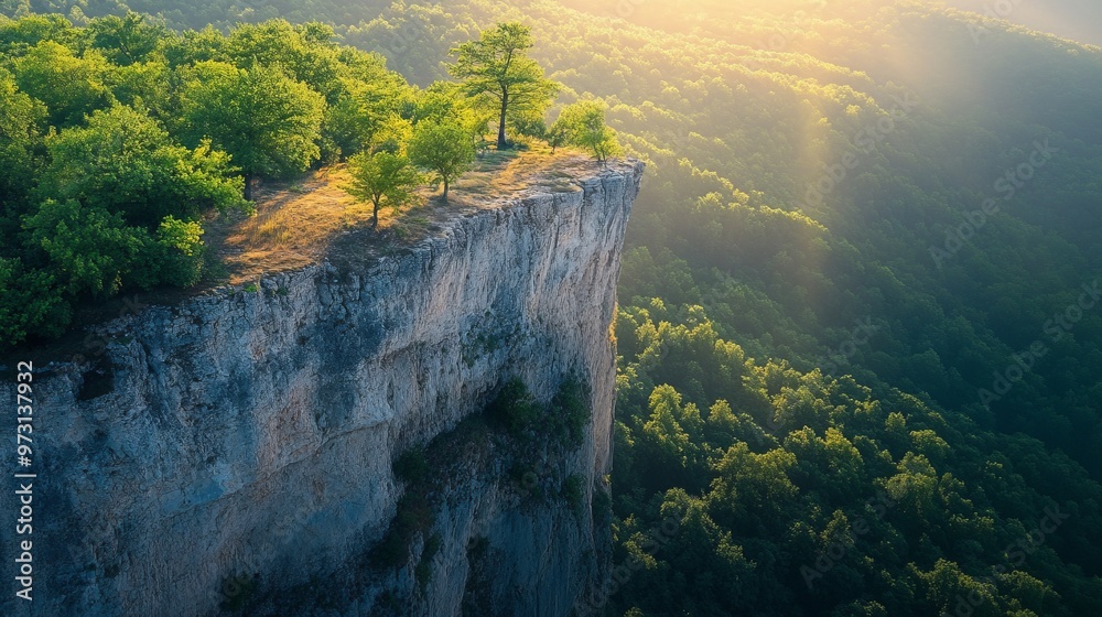 Fototapeta premium Majestic Cliff Overlooking Sunlit Forest Edge