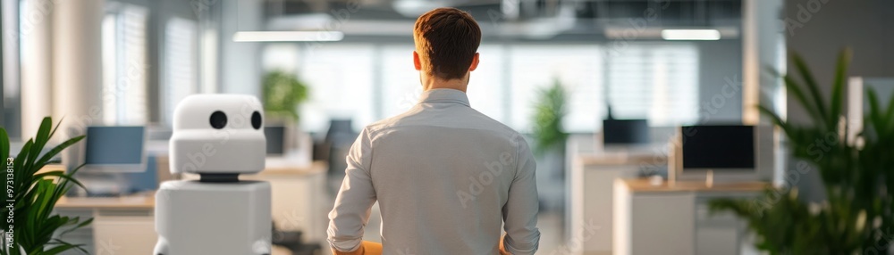 Businessman packing up an office desk as a robot takes over, emotional scene, bright office space with modern tech. [AI replacement, job loss, workplace future]