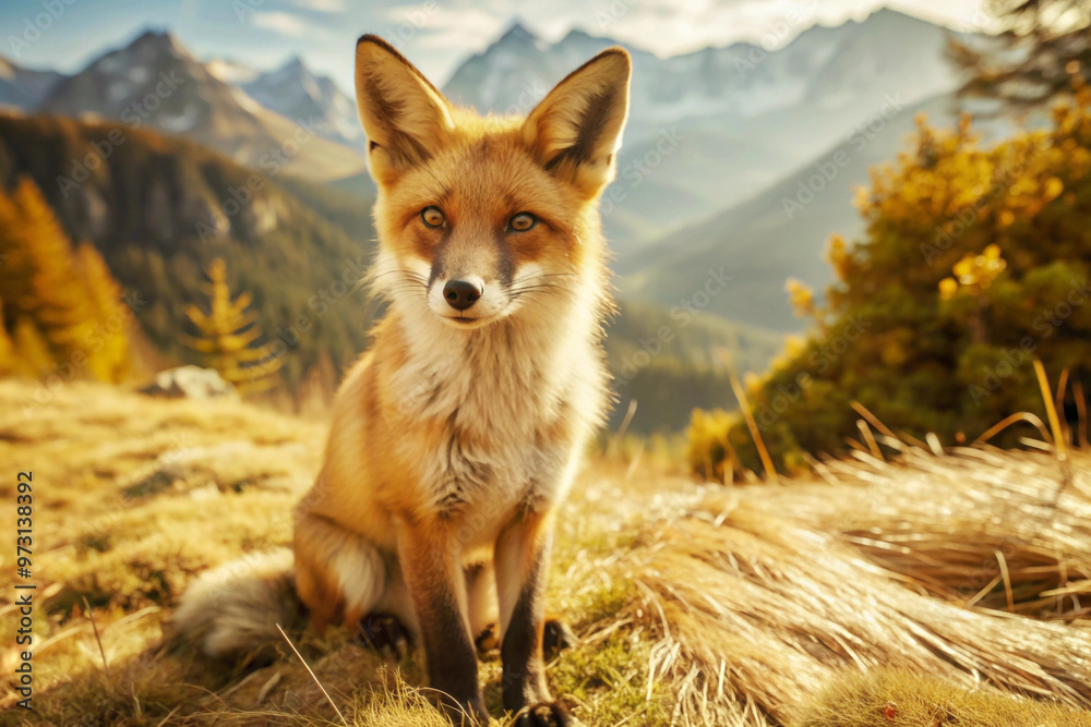 Fototapeta premium Red Fox Sitting on Mountainside With Blurry Mountain Background