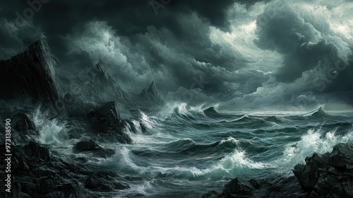 Moody Seascape: Dramatic Stormy Coastline with Jagged Rocks and Crashing Waves