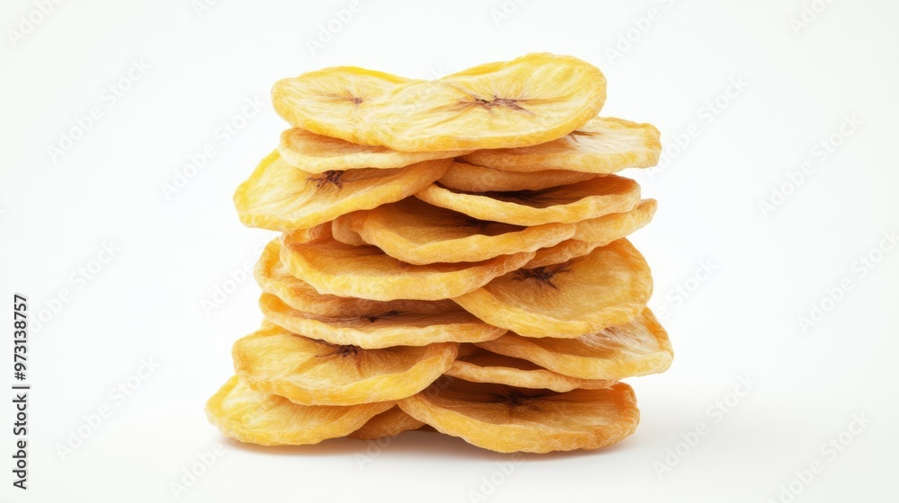 Stack of dried banana slices isolated on white background, healthy snack, organic fruit chips, vegan food Stack of dried banana slices isolated on white background, healthy snack, organic fruit chips, vegan food