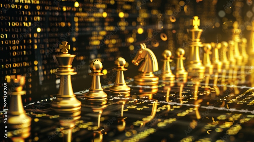 Golden Chess Pieces on a Dark Board with a Glittering Background Golden Chess Pieces on a Dark Board with a Glittering Background