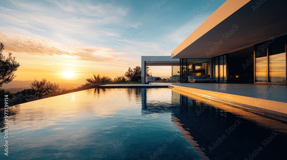 Modern villa with infinity pool overlooking a sunset landscape. Modern villa with infinity pool overlooking a sunset landscape.