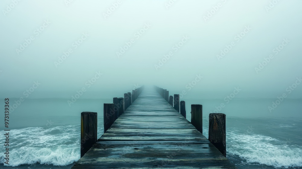 Fototapeta premium Solitude on a Foggy Pier: Tranquil Ocean Scene with Waves Crashing in Distance