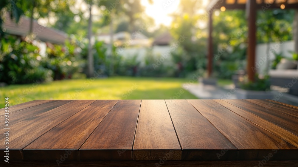 A wooden table in a serene outdoor setting with lush greenery in the background.