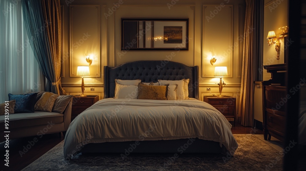 Cozy, elegantly designed bedroom with soft lighting and a comfortable atmosphere. Cozy, elegantly designed bedroom with soft lighting and a comfortable atmosphere.