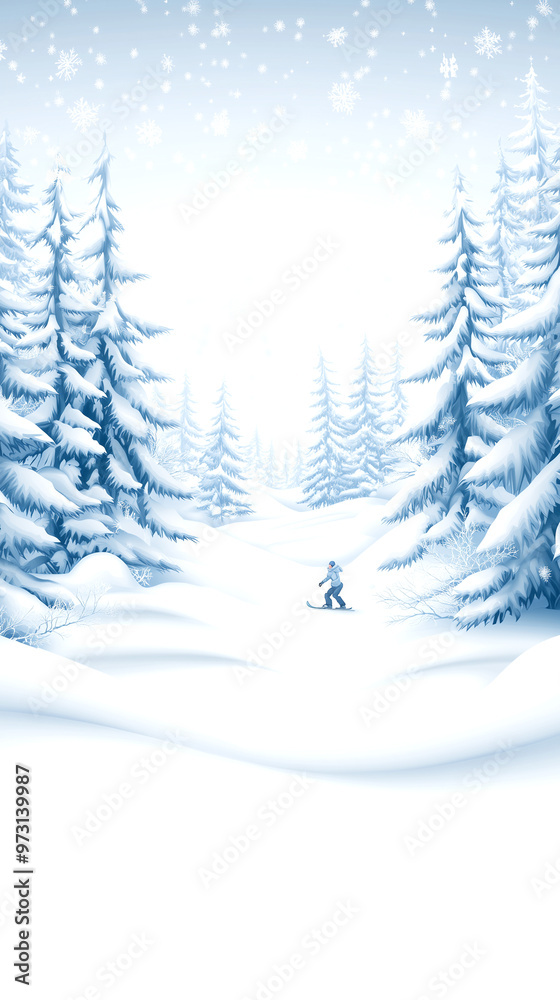A snowy forest with a skier in the foreground. The skier is skiing down a snow-covered slope in the woods A snowy forest with a skier in the foreground. The skier is skiing down a snow-covered slope in the woods