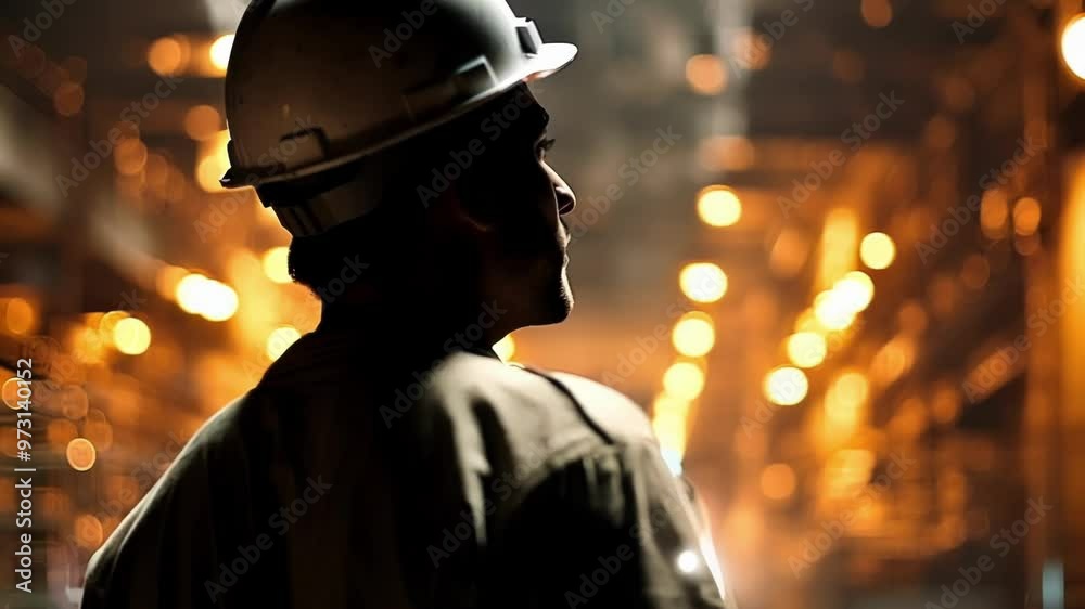 Worker in a hard hat contemplates in a factory, surrounded by machinery and bright lights Worker in a hard hat contemplates in a factory, surrounded by machinery and bright lights