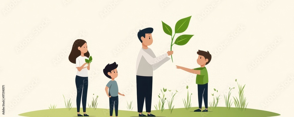 Illustration of a family planting trees together, promoting environmental awareness and sustainability in a nature setting. Illustration of a family planting trees together, promoting environmental awareness and sustainability in a nature setting.