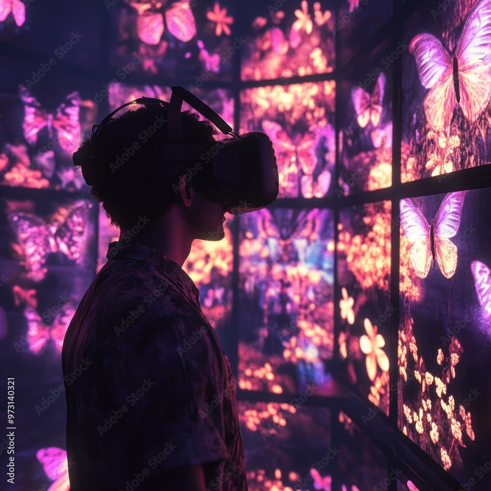 Person Using VR Headset in Butterfly Digital Exhibit Person Using VR Headset in Butterfly Digital Exhibit
