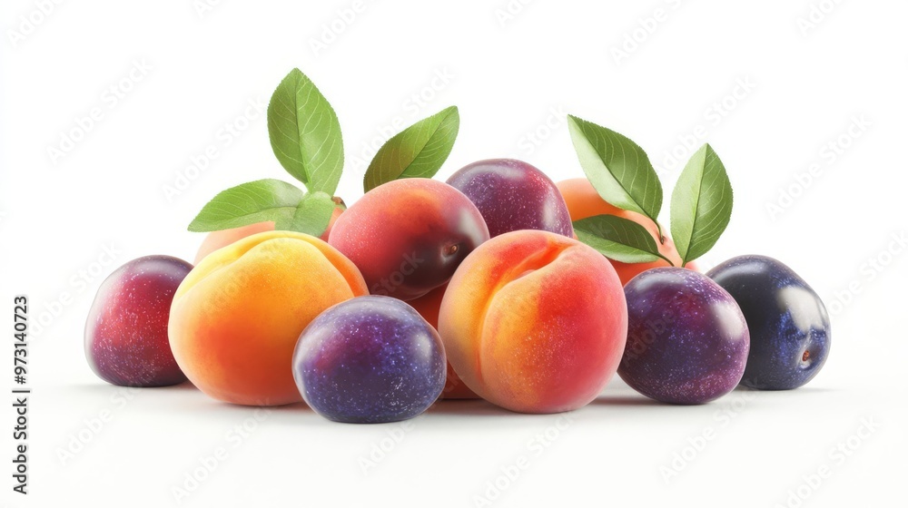 Fresh apricots and plums with green leaves isolated on white background. Perfect seasonal fruits for healthy eating and lifestyle.