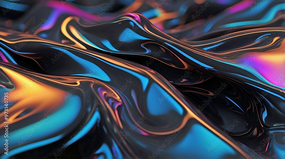 Abstract Iridescent Liquid Waves with Vibrant Reflections of Neon Blue Purple and Orange Abstract Iridescent Liquid Waves with Vibrant Reflections of Neon Blue Purple and Orange