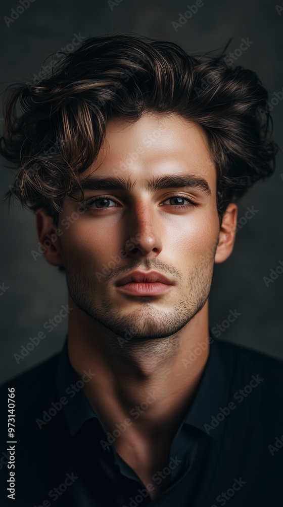 A close-up portrait of a young man with wavy hair in a moody setting, showcasing his confident expression and striking features A close-up portrait of a young man with wavy hair in a moody setting, showcasing his confident expression and striking features
