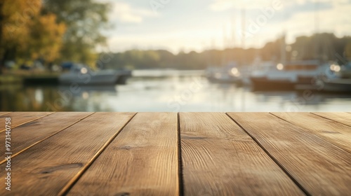 A serene lakeside view with a wooden table in the foreground, perfect for relaxation.