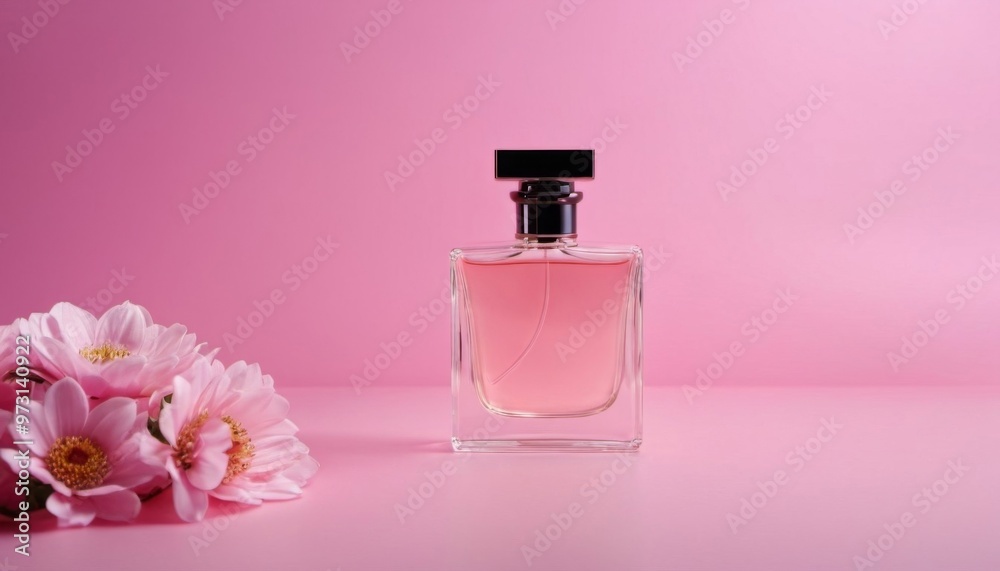 a beautiful bottle of expensive perfume on a pink background with flowers nearby. floral scents. ai. ai generated a beautiful bottle of expensive perfume on a pink background with flowers nearby. floral scents. ai. ai generated
