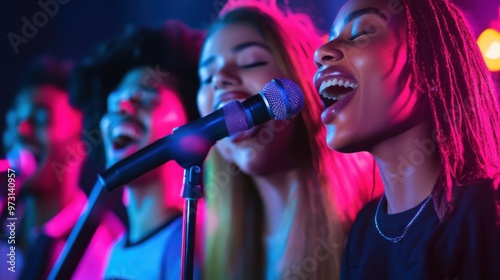 Vibrant Group Singing on Stage with Microphones