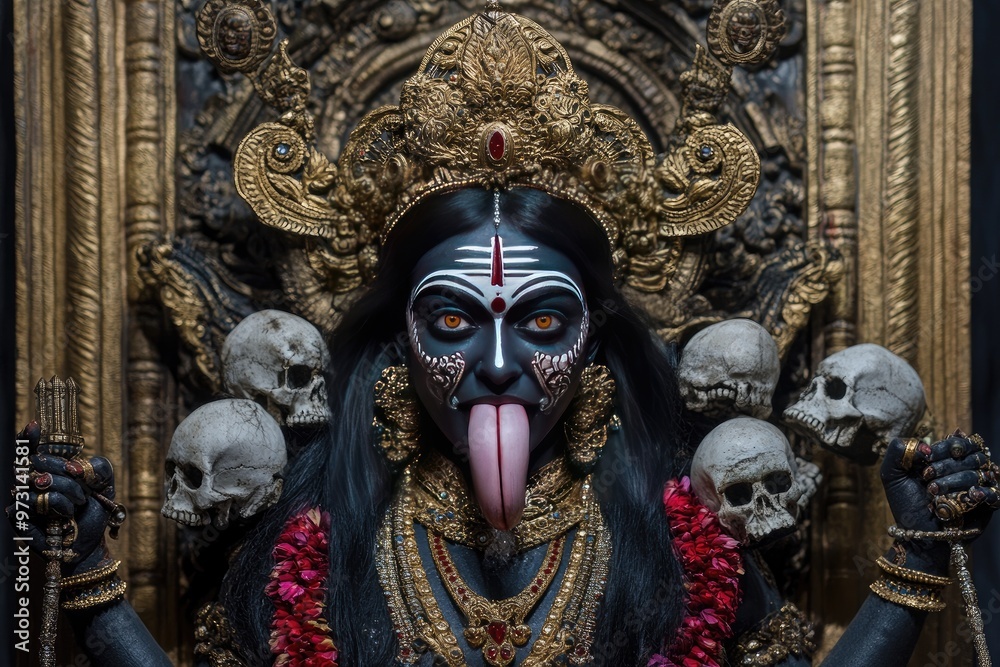 Obraz premium Kali Ma with her fierce tongue and necklace of skulls, symbolizing destruction of evil