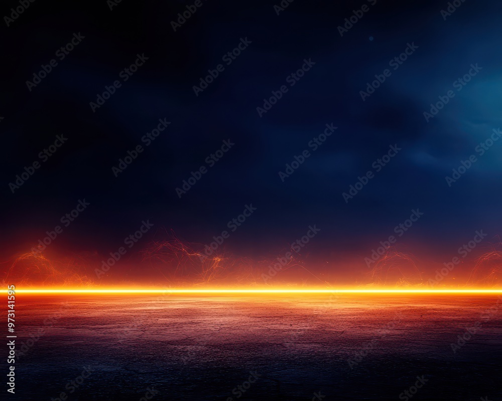 Stunning surreal horizon with fiery orange light against a dark, dramatic sky. Perfect for backgrounds, artistic projects, and imaginative designs.