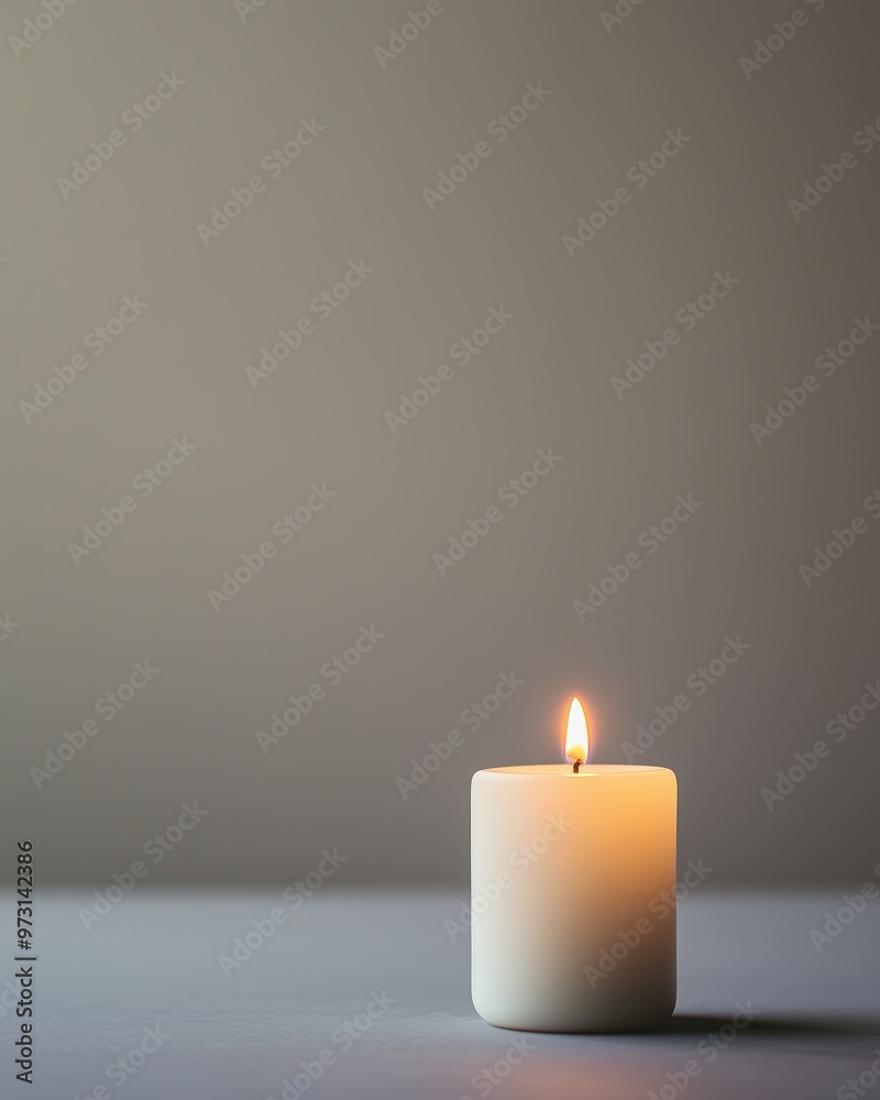 Lit white candle in a minimalistic setting, peaceful ambiance Lit white candle in a minimalistic setting, peaceful ambiance