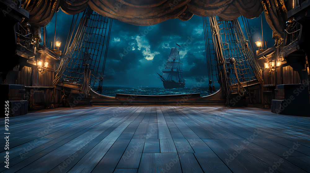 Fototapeta premium Empty pirate ship deck background for theater stage scene. Pirate Ship. Illustration