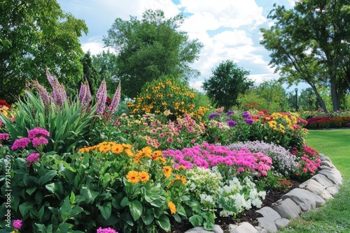 Wallpaper Mural Colorful Flower Garden Border with Stone Wall and Green Grass Torontodigital.ca