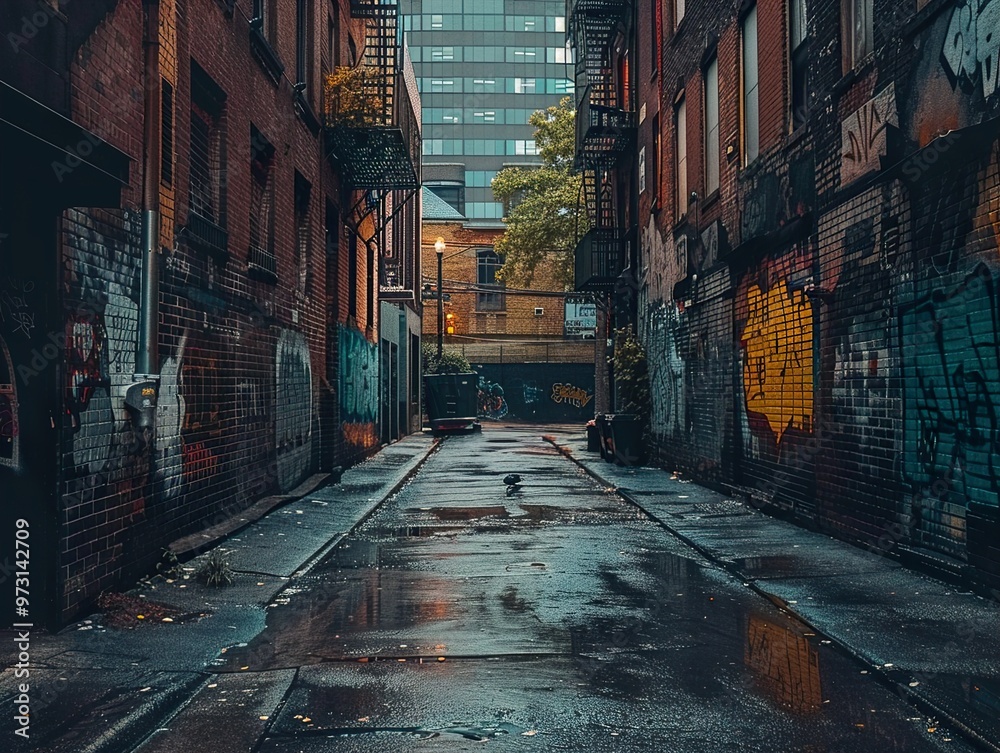 Fototapeta premium A narrow, graffiti-covered alleyway in a city, with a wet pavement and a lone pigeon in the center.