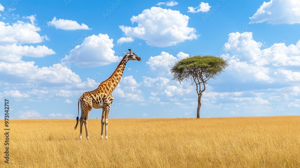 Majestic Giraffe in a Sunny Savannah Landscape Majestic Giraffe in a Sunny Savannah Landscape