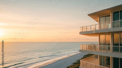 A modern beachfront building at sunrise, showcasing serene ocean views.
