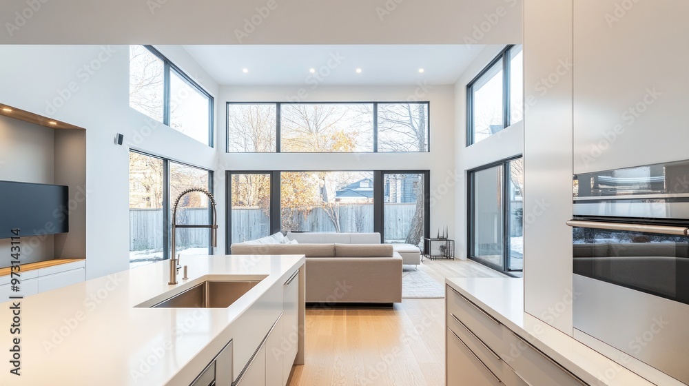 Modern kitchen and living area with large windows and natural light. Modern kitchen and living area with large windows and natural light.