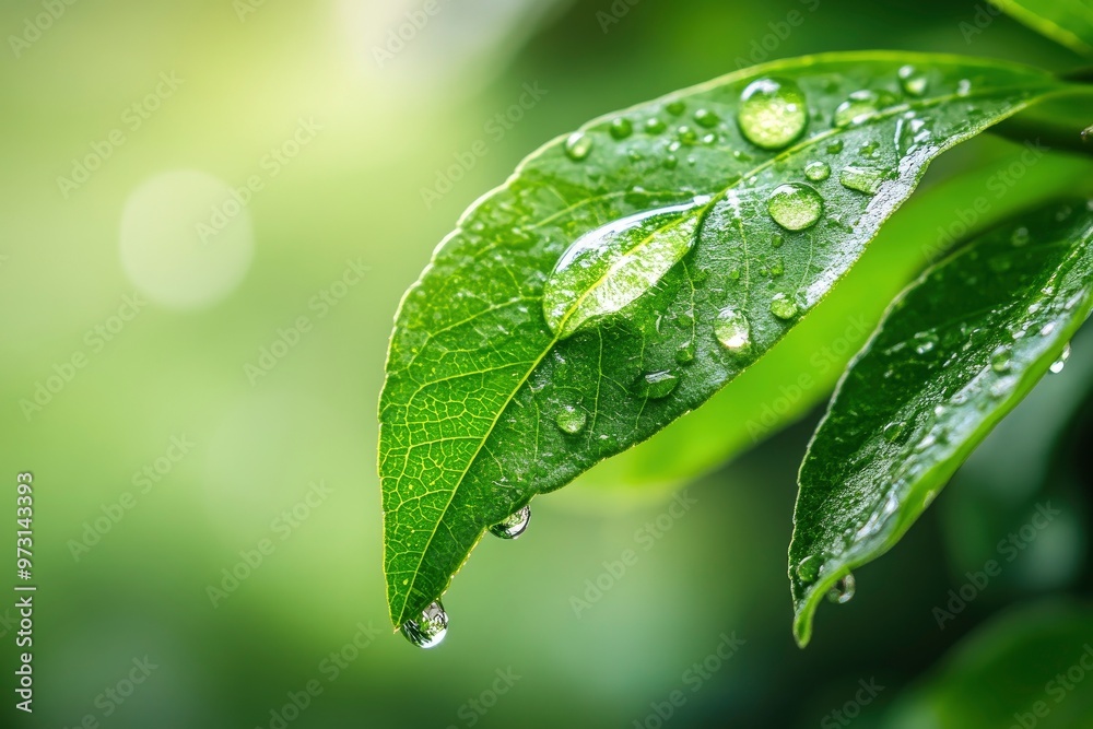 Fototapeta premium CloseUp of Water Droplet Falling on Leaf with Serene Green Background with generative ai