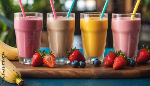 Colorful milkshakes and smoothies with strawberries bananas and blueberries