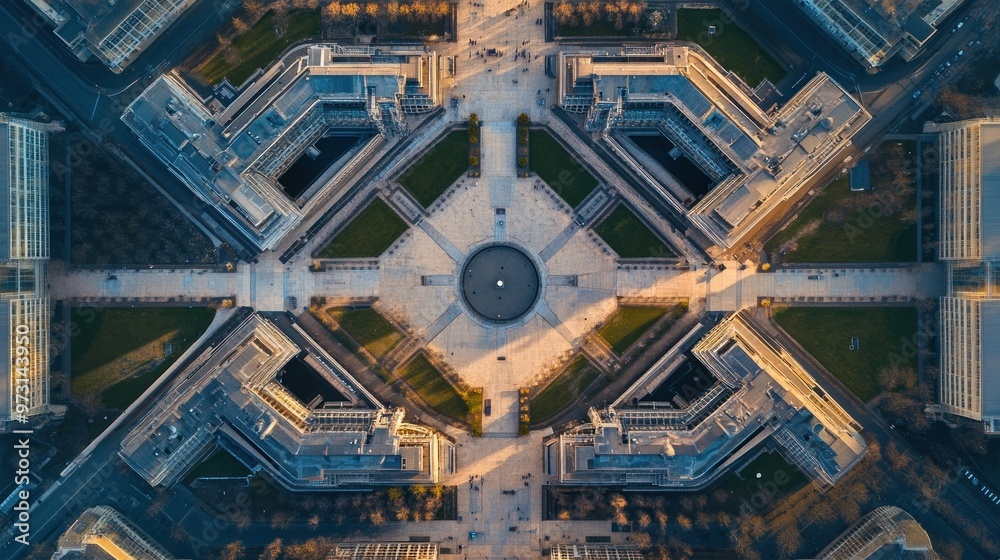 Aerial view of a symmetrical urban layout featuring green spaces and modern architecture. Aerial view of a symmetrical urban layout featuring green spaces and modern architecture.