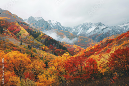 The mountains are covered in snow and the trees are orange