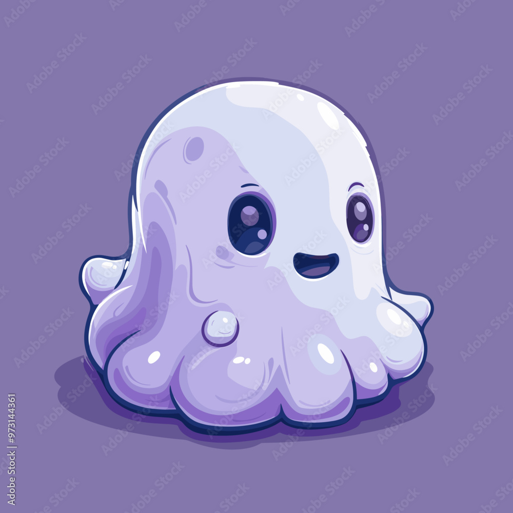 A cartoon ghost with a big smile on its face. The ghost is white and purple. It is standing in a purple background A cartoon ghost with a big smile on its face. The ghost is white and purple. It is standing in a purple background