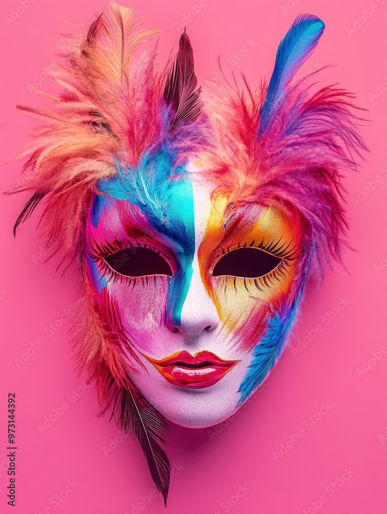 Colorful Carnival Mask isolated on pink with feathers Carnival mask carnival face colorful with generative ai