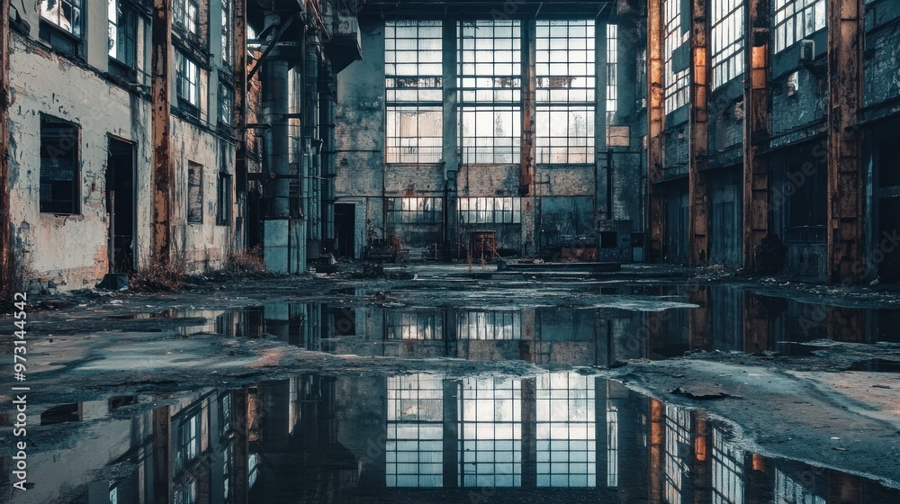 An abandoned industrial space with reflective water on the floor and large windows.