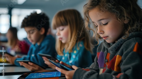 Children engaged with devices in a classroom setting, focused on their screens.