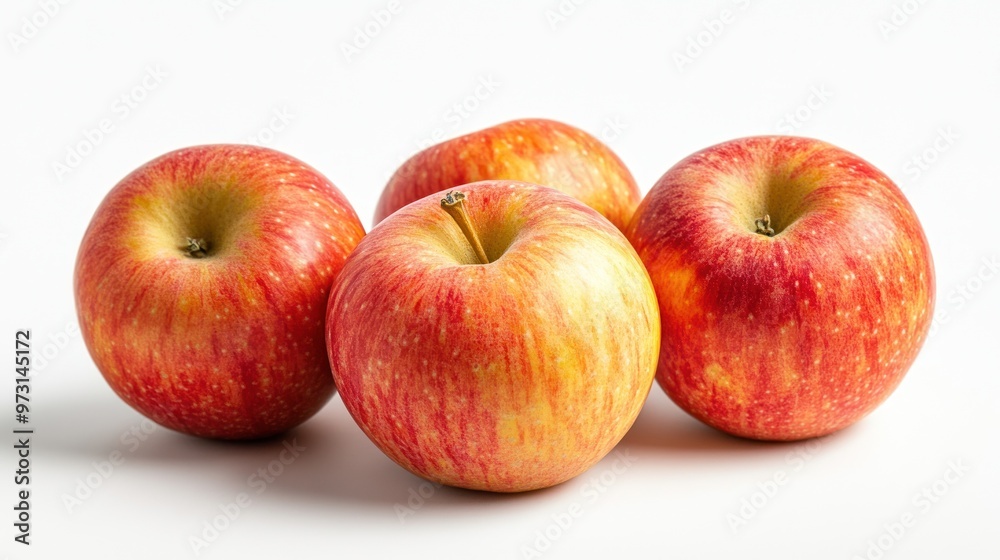 Four red apples arranged on a white surface, showcasing their vibrant colors and textures. Four red apples arranged on a white surface, showcasing their vibrant colors and textures.