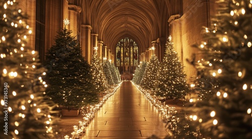 A grand, festive hallway decorated with Christmas trees and twinkling lights leading to the historic stonework 