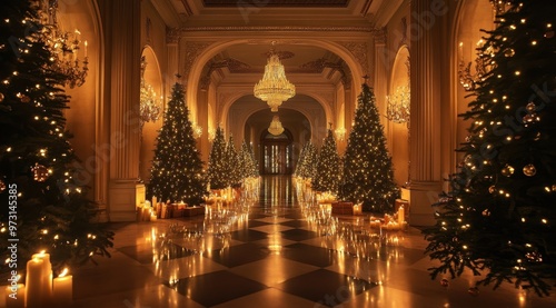 A grand, festive hallway decorated with Christmas trees and twinkling lights leading to the historic stonework 