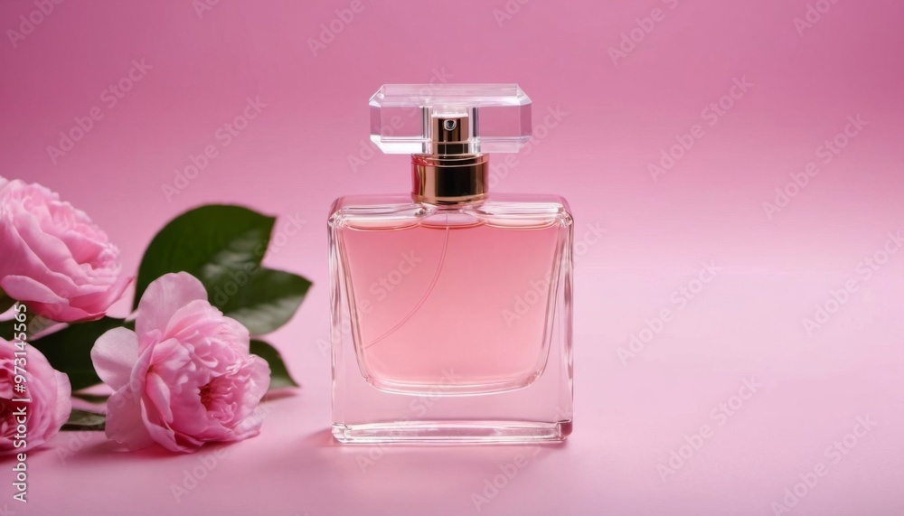 a beautiful bottle of expensive perfume on a pink background with flowers nearby. floral scents. ai. ai generated a beautiful bottle of expensive perfume on a pink background with flowers nearby. floral scents. ai. ai generated