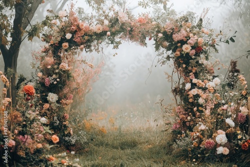 Floral Archway in a Misty Forest