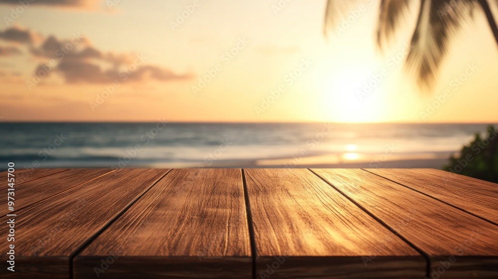 A serene sunset view over the ocean, with a wooden table in the foreground. A serene sunset view over the ocean, with a wooden table in the foreground.