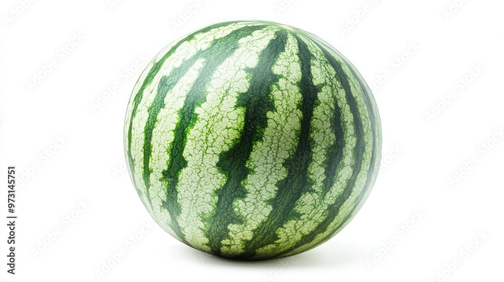 A whole watermelon with a striped green skin, ready for consumption or decoration. A whole watermelon with a striped green skin, ready for consumption or decoration.