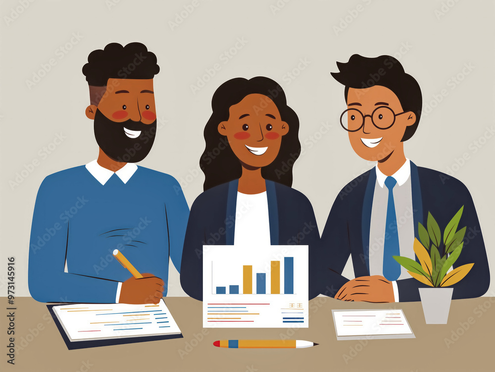 Three people are sitting at a table with papers and graphs in front of them. They are smiling and seem to be working together Three people are sitting at a table with papers and graphs in front of them. They are smiling and seem to be working together