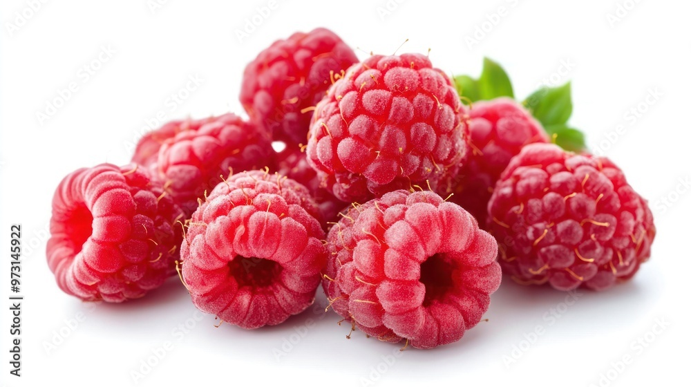 A cluster of fresh, vibrant raspberries with green leaves on a white background. A cluster of fresh, vibrant raspberries with green leaves on a white background.