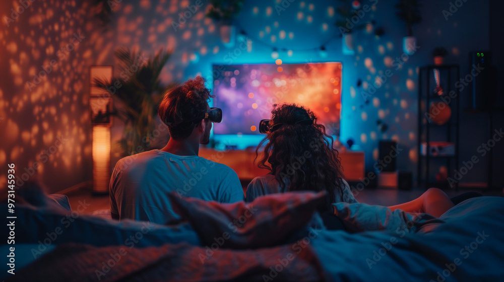 Naklejka premium Couple wearing 3D glasses, watching a movie in immersive lighting.