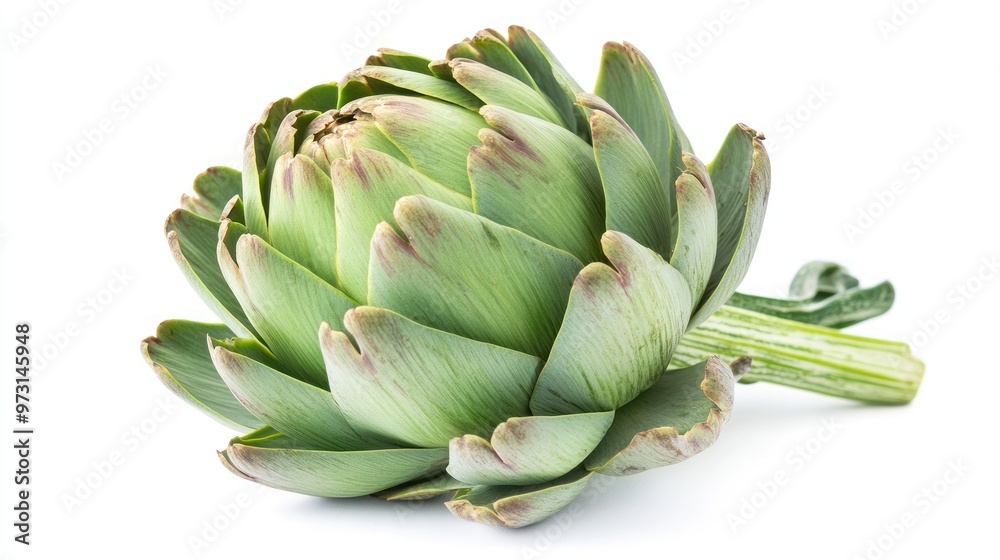 A fresh green artichoke with layered leaves, ready for culinary use. A fresh green artichoke with layered leaves, ready for culinary use.