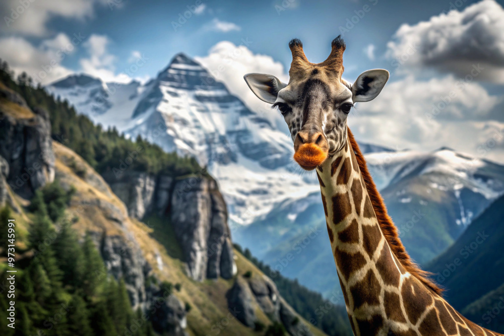 Obraz premium Giraffe in Mountainous Landscape