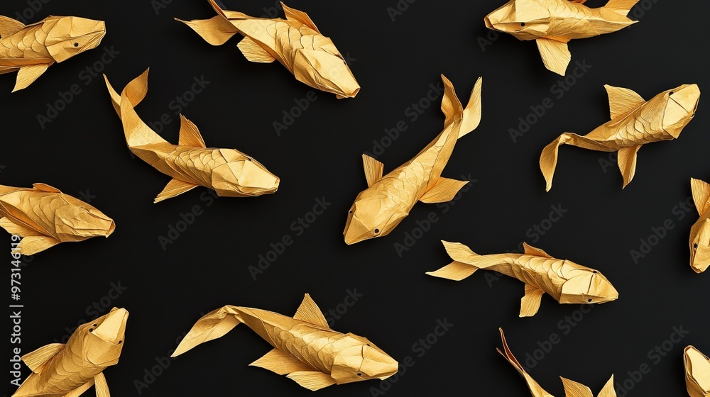Fototapeta premium Golden Origami Fish on Black Background